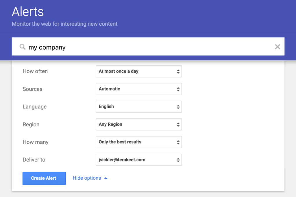 Google Alerts for tracking brand mentions